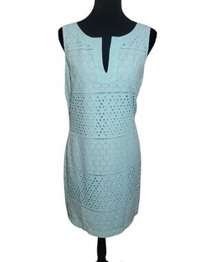 Banana Republic aqua blue eyelet sleeveless split neck cotton dress women's 4
